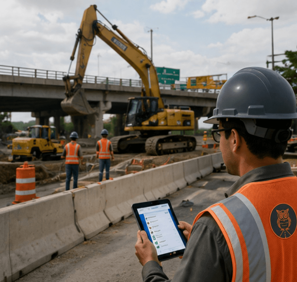 Field supervisor in a Waylert orange vest and gray hard hat reviewing a tablet beside an excavator at a highway work zone