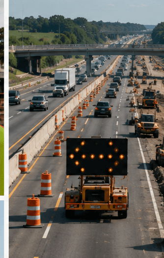 Elevated view of an active highway work zone with traffic cones, barrels, and lane closures