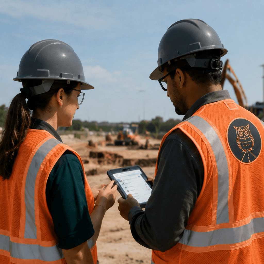 Two field workers in Waylert orange safety vests and gray hard hats reviewing a tablet at a construction site